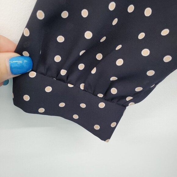 Zara Basic Womens Polka Dot Button Up 3/4 Sleeve Blouse Top Size L Navy Beige - Picture 7 of 16